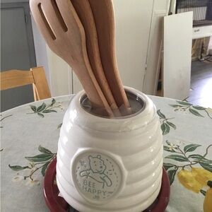 Disney Cream Ceramic Bee Utensil Crock with Light Blue Medallion